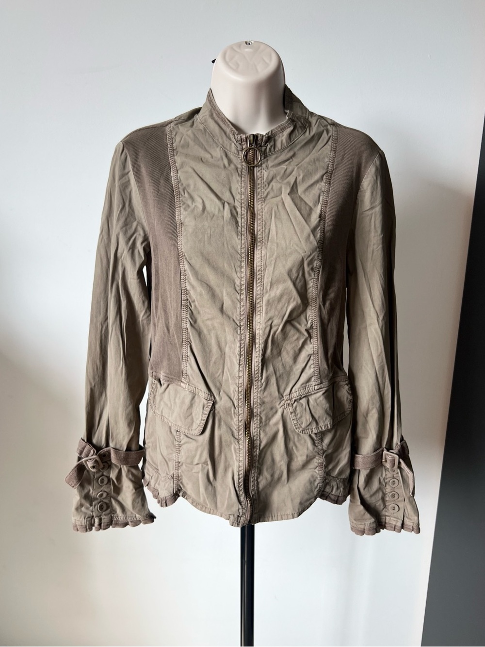 XCVI Olive Utility Style Jacket with Zip Front Lightweight Cotton Stretch Size S